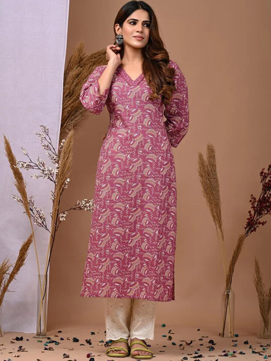 Ethnic Motifs Printed Pure Cotton Straight Kurta – Purple